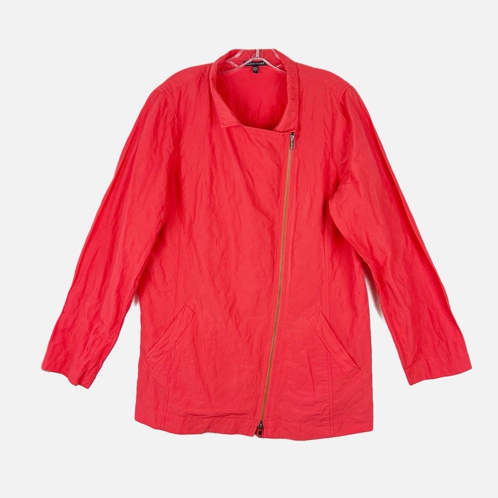 EILEEN FISHER Orange‎ Full Asymmetrical Zip Packable Rain Jacket No Lining Sz LG
